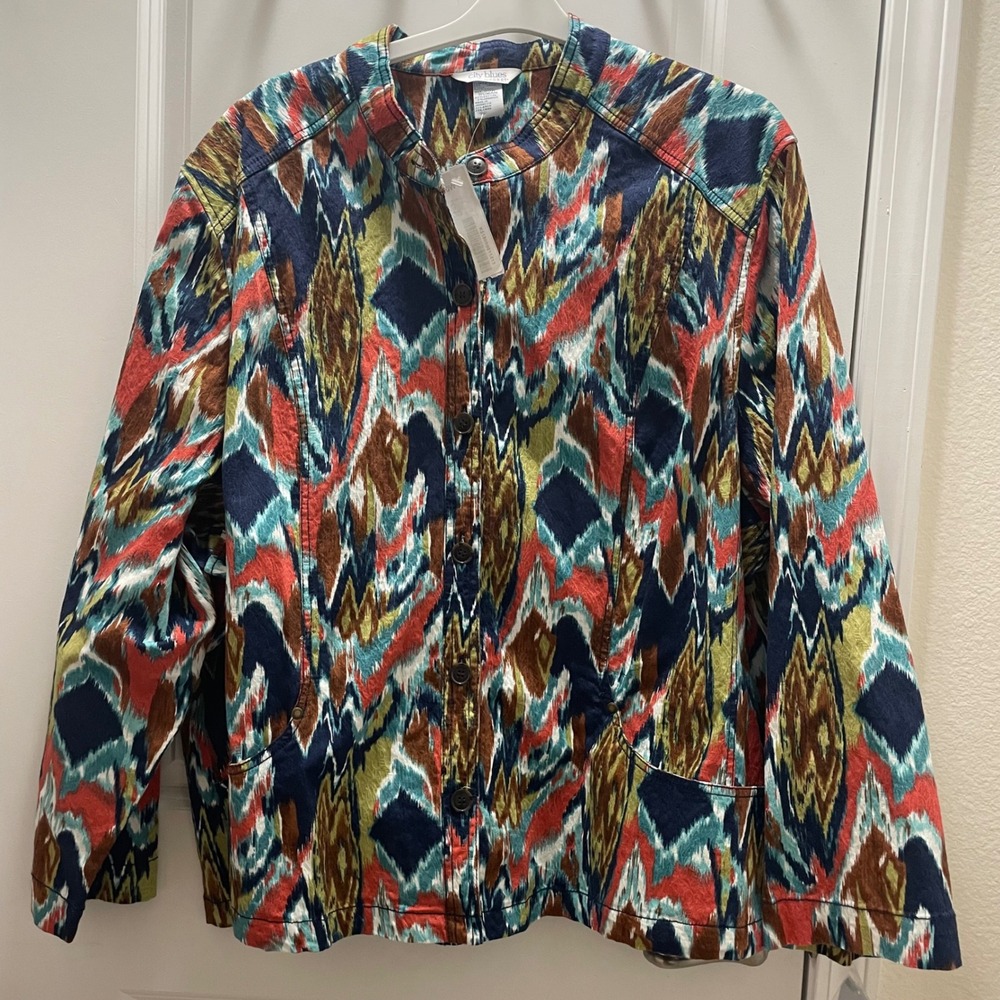 City Blues by Koret 30W Woman Geometric Print Button Front Jacket Multi Color